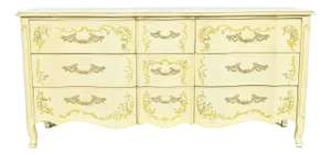 Drexel Heritage French Provincial Louis XV Cream Lacquered Paint-Decorated Triple Dresser or Credenza, 1970s