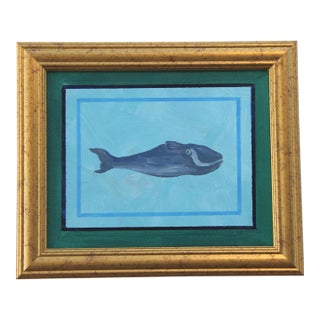 Whale Americana Folk Art Nautical Gray Blue Original Oil Painting by Cleo Plowden For Sale