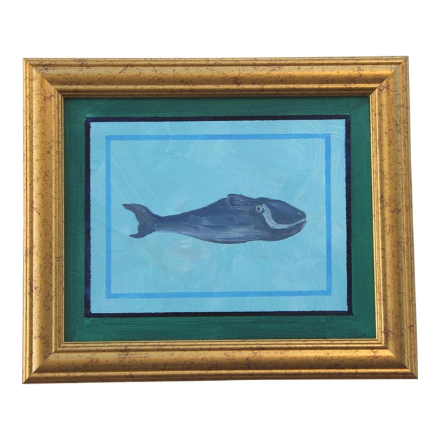 Whale Americana Folk Art Nautical Gray Blue Original Oil Painting by Cleo Plowden For Sale
