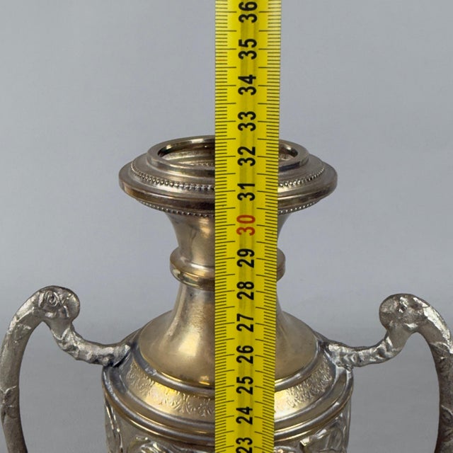 Metal Vintage Triptych Vases with Amphora Silver Brass and Floral Embossment Roses, 1930s, Set of 2 For Sale - Image 7 of 9