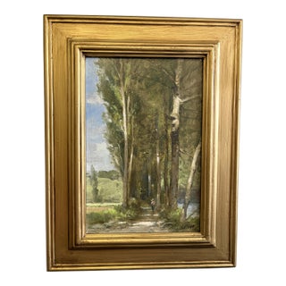 Robert Maione (American, 1932-1987) Original Signed and Framed Oil Painting on Canvas Titled 'Wooded Road by a River' C1976 For Sale