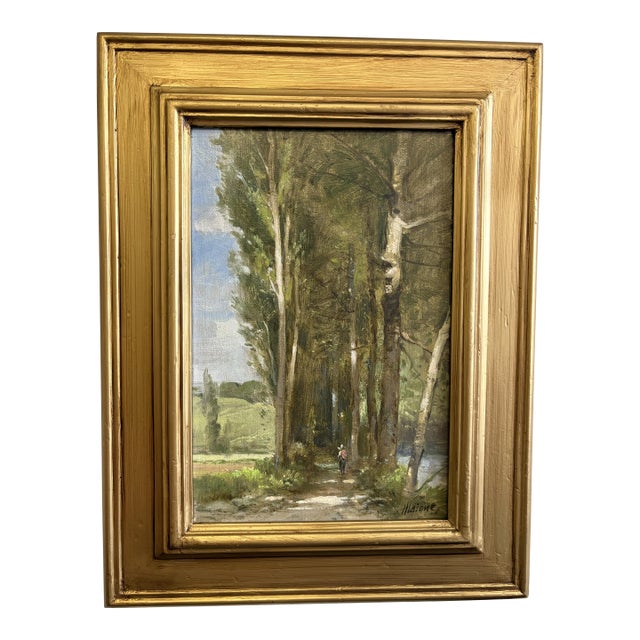 Robert Maione (American, 1932-1987) Original Signed and Framed Oil Painting on Canvas Titled 'Wooded Road by a River' C1976 For Sale