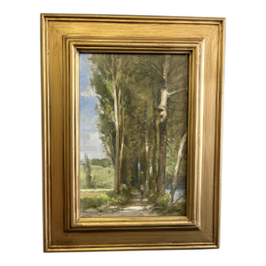 Robert Maione (American, 1932-1987) Original Signed and Framed Oil Painting on Canvas Titled 'Wooded Road by a River' C1976