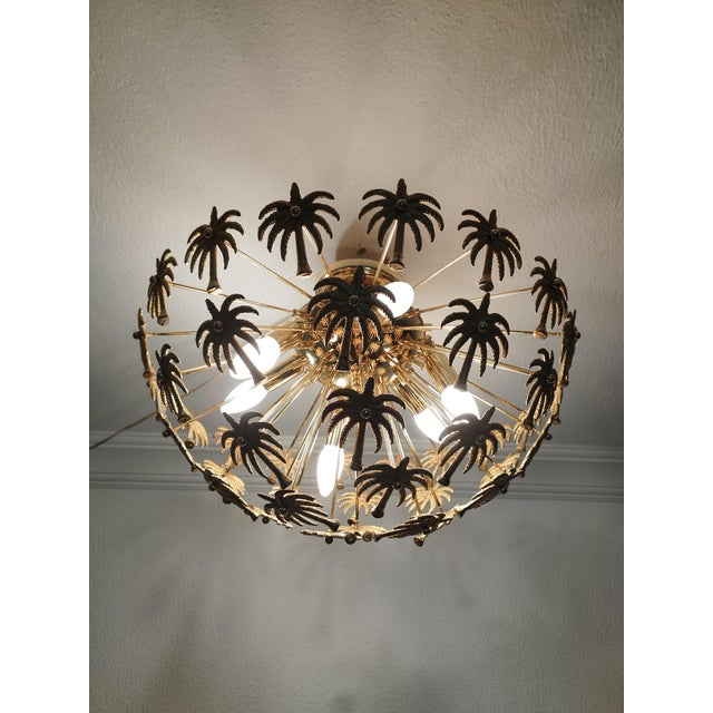 Vintage Solid Brass Palm Leaf Statement Chandelier Flush Mount Lighting Ceiling Light For Sale - Image 9 of 12