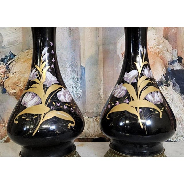 Napoleon III Lamps with Black Enameled Porcelain Stems, Set of 2 For Sale - Image 5 of 8