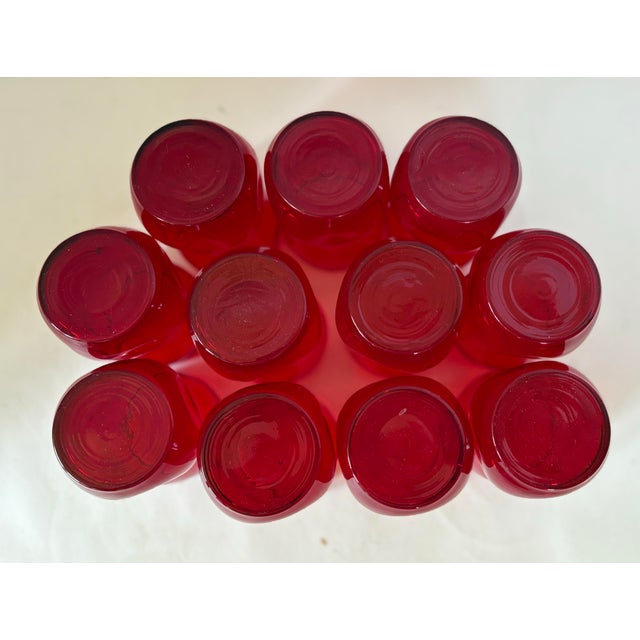 Glass Vintage Ruby Red Art Glass Tumblers, Sculptural Mid-Century Modern Drinking Glasses, Blenko Style Dimple Pinched Set of 11 For Sale - Image 7 of 9