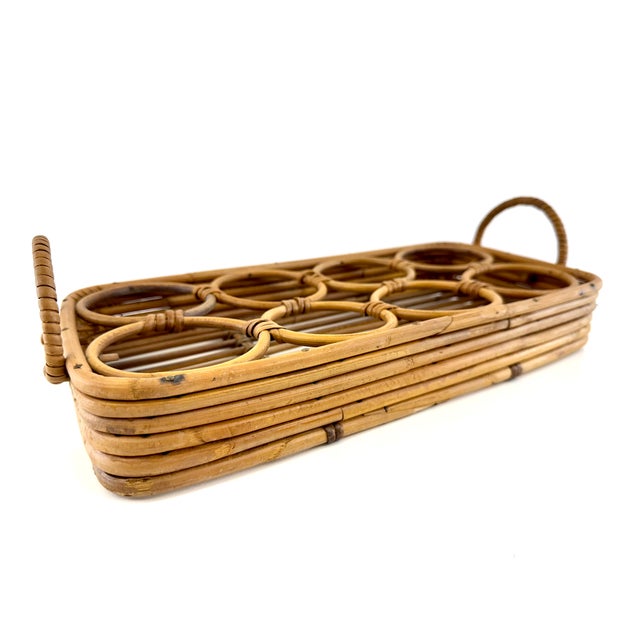 Wood 1960s Mid-Century Modern Rattan Drink Caddy With Wine Bottle Rack For Sale - Image 7 of 12