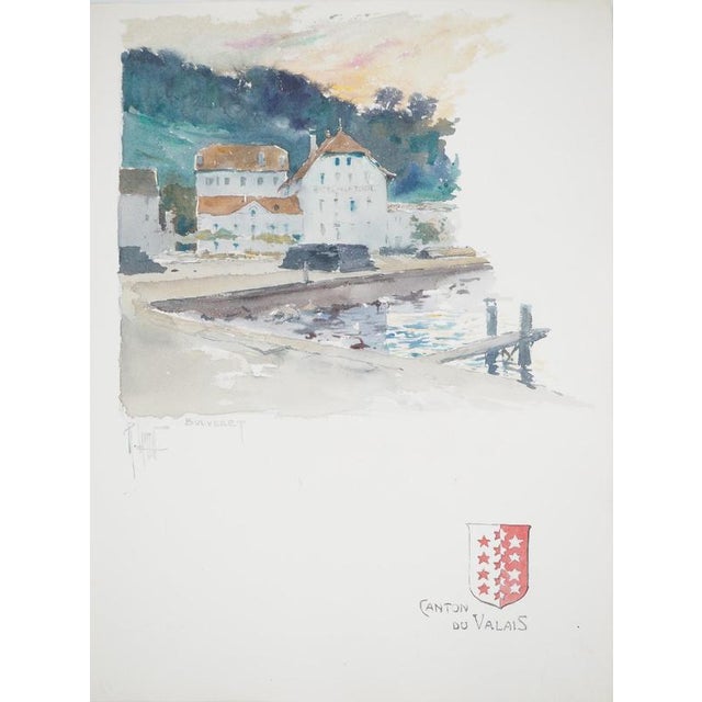 René Leverd, Switzerland, Hotel de la Tour in Bouveret, Watercolor For Sale - Image 7 of 7