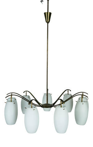 Monza 9-Light Chandelier in Brass and Opaline Glass from Arredoluce, Italy, 1950s