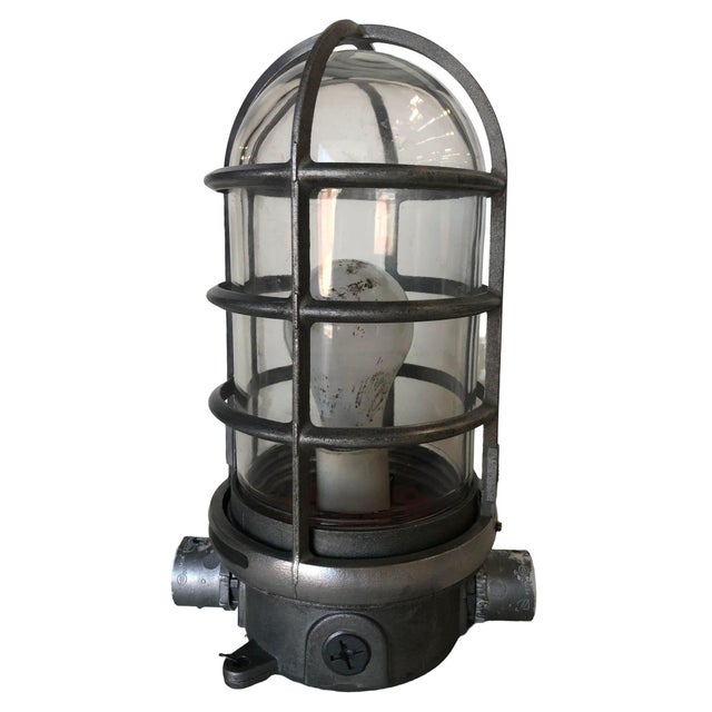 1970s Industrial Iron Caged Marine Vapor Glass Light Fixture For Sale - Image 4 of 7