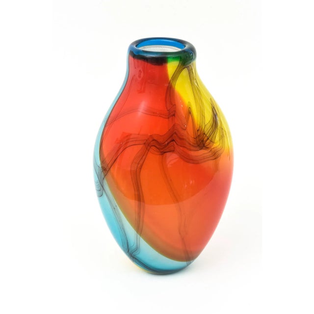 Murano Italian Signed Fratelli Glass Vase 80's Orange Red, Turquoise, Blue, Yellow, Charcoal Black Vase, Vessel 80's For Sale - Image 12 of 12