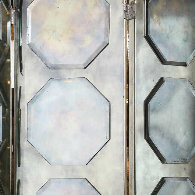 Glass Art Deco Antiqued Octagon Paneled Motif Smoked Mirror Screen With Silvered Back For Sale - Image 7 of 12