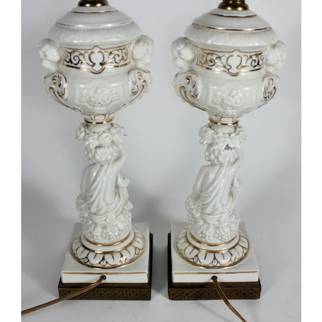 Pair of Mid-Century Parcel-Gilt Porcelain Cherub Form Lamps For Sale - Image 4 of 9