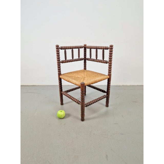 Arts and Craft Style Bobbin Corner Chair in Oak with Rush Seat, 1950s For Sale - Image 3 of 8