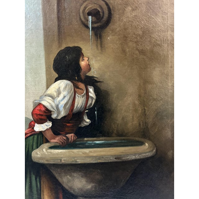 Early 20th Century Framed Original Oil Painting on Canvas 'Roman Girl at the Well' Inspired by Léon Bonnat (France 1833-1922) For Sale - Image 9 of 18