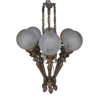 1940s Vintage Art Deco Nouveau Mashaal 6 Light Ceiling Chandelier, Heavy Brass & Star Globe Glass Light For Sale
