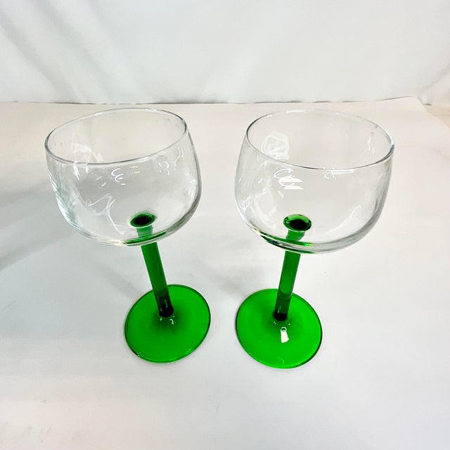 Bottle Green Mid 20th Century French Hollywood Regency Bottle Green Stem Wine Glasses - Set of 10. For Sale - Image 8 of 9