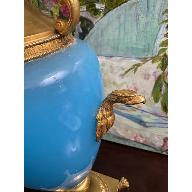Antique French Blue Opaline Vase Urn Pair With Ormolu Mounts Cherub Finials Eagle Handles 19th Century For Sale - Image 11 of 15