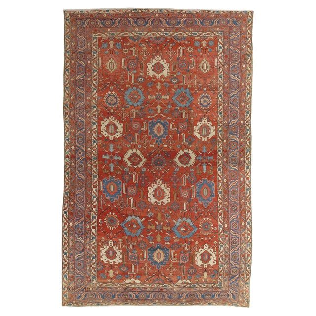 Antique Persian Serapi Carpet, Handmade Wool Oriental Rug Ivory, Rust Light Blue For Sale - Image 9 of 18