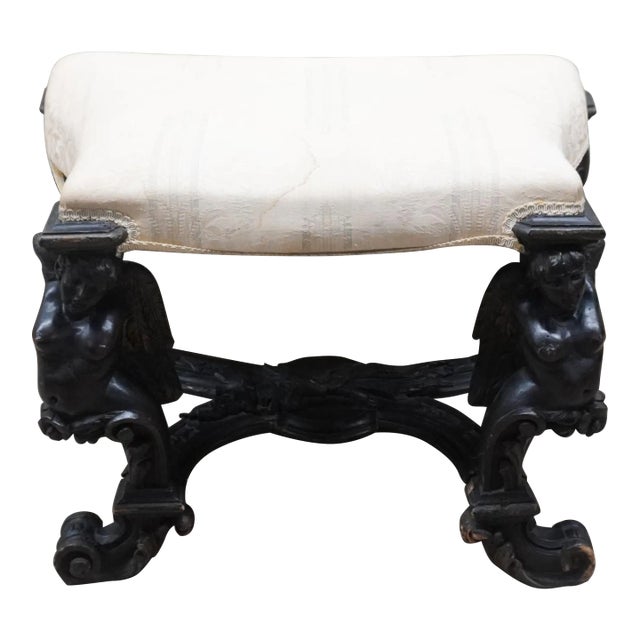 Italian Baroque Style Sculpted Walnut Figural Upholstered Bench, Circa 18th For Sale