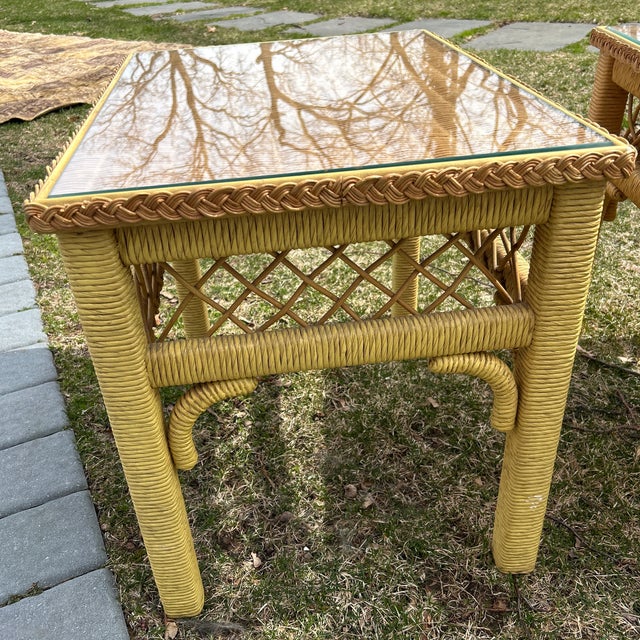 Henry Link Style Vintage end tables- overall great vintage condition. Glass tops. This is unmarked.