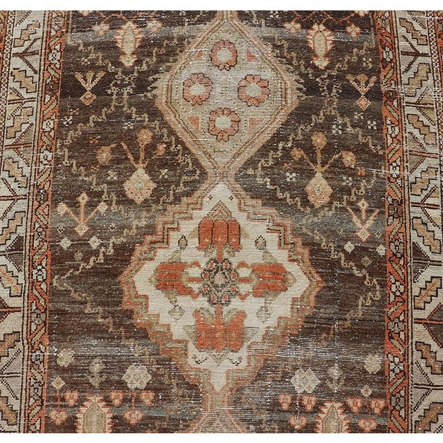 Early 20th Century Antique Persian Long Malayer Runner Medallion Design in Brown, Gray, Steel Blue 3'5 X 18' For Sale - Image 5 of 13
