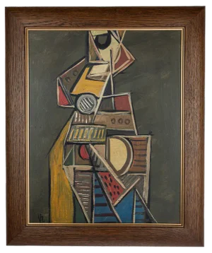 VR, Cubist Instrumentalist, Oil on Board, 1950s