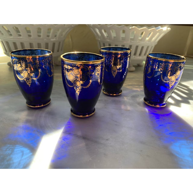 Blue Vintage Italian Vecchia Murano Cobalt Blown Liqueur Glasses 22k Gold Set of 4 For Sale - Image 8 of 8