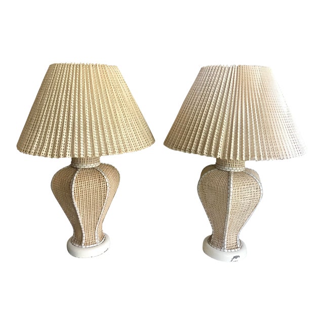 Antique Cane Lamps With Pleated Cane Shades a Pair Chairish