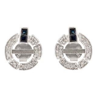 Art Deco Inspired Sterling Silver Diamond & Sapphire Blue Push Back Earrings- A Pair For Sale