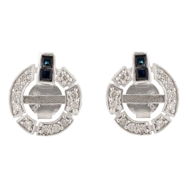 Art Deco Inspired Sterling Silver Diamond & Sapphire Blue Push Back Earrings- A Pair For Sale