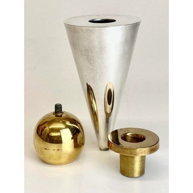 Geometric Postmodern Sterling Silver and Brass Plated Candle Holders - a Pair For Sale - Image 9 of 11