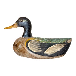 Antique Treen 19th Century Palm Wood Painted Decoy Duck Sculpture Folk Art For Sale
