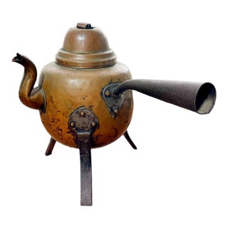 Antique Hand Hammered Dovetail Copper & Wrought Iron Swedish Tea Kettle Coffee Pot For Sale