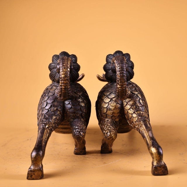 Pair of Antique Gilt Bronze Qilin Statues, Mythical Beast Figures, 1kg Each For Sale - Image 4 of 8