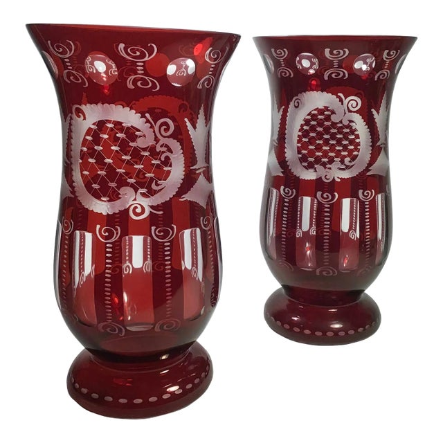 Vintage Bohemian Ruby to Clear Etched Glass Vases - a Pair For Sale