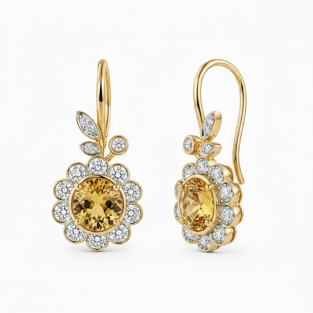 Nature-Inspired Citrine Floral Cluster Earrings. Romantic Citrine Blossom and Leaf Dangle Earrings. Botanical Citrine...