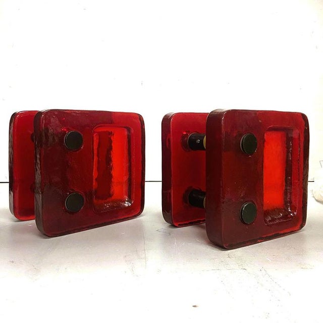 A pair of double door handles, push and pull, square textured vibrant red cast glass with mat antique bronze anodised...
