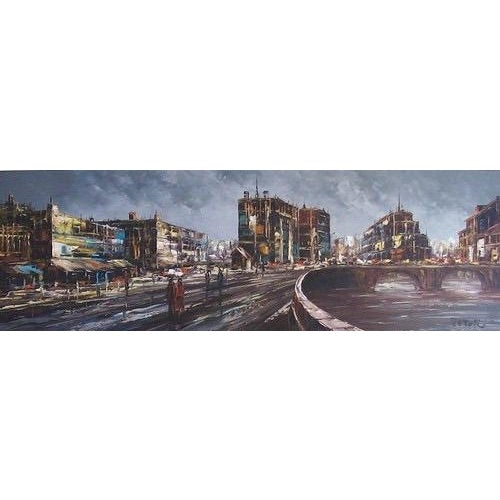 Mid-Century Modern Vintage 53” Mid Century Cityscape Oil Painting Framed Signed For Sale - Image 3 of 5