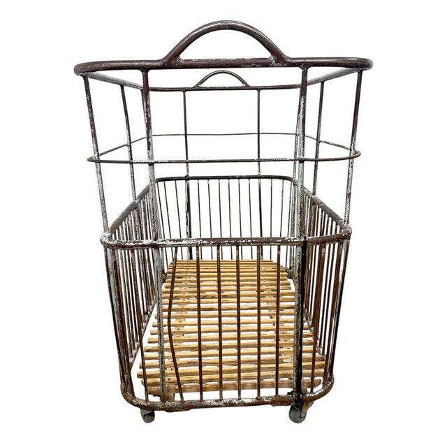 Vintage French Metal Bakery Cart Long Industrial Bread Trolley Rolling Laundry Basket, 1920s For Sale - Image 4 of 8