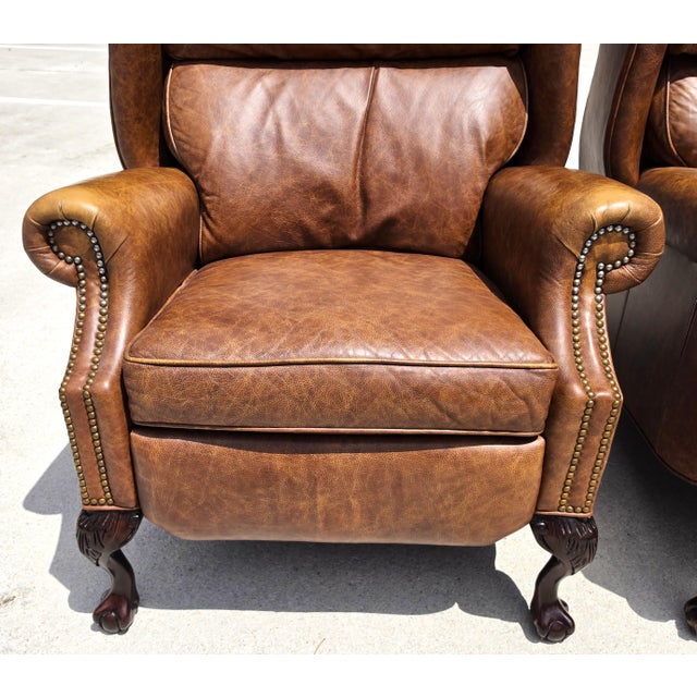 Vintage Motioncraft Chippendale Leather Wingback Recliners Ball & Claw Pair For Sale - Image 11 of 16