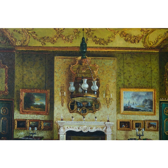 Wood Large Oil Painting of Traditional Room Setting For Sale - Image 7 of 8