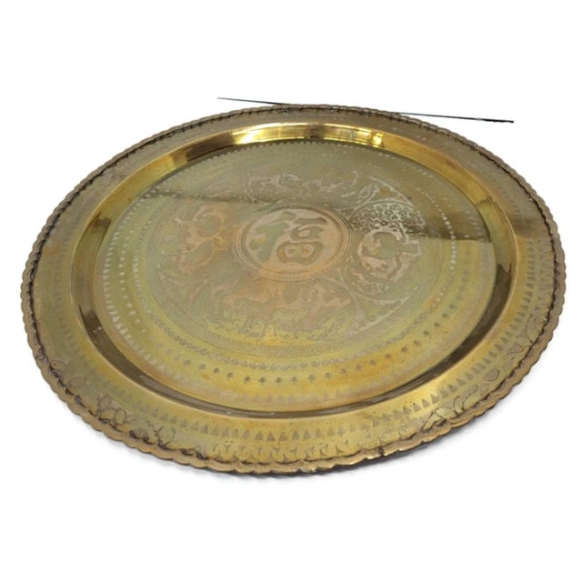 Asian Vintage Asian Etched Hammered Brass Tray For Sale - Image 3 of 6