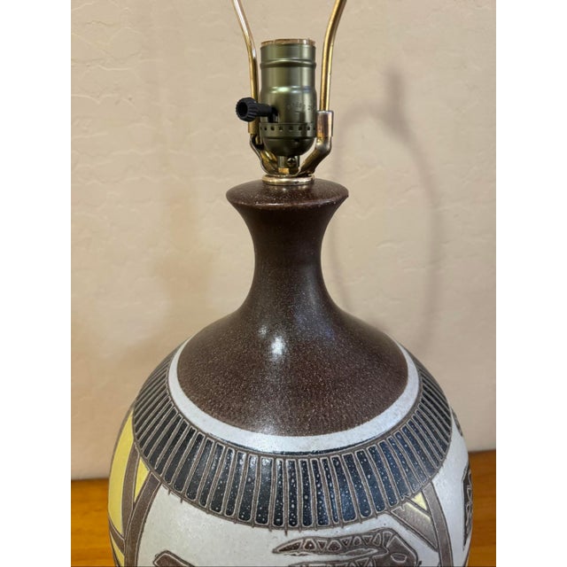 Mid 20th Century Sgraffito Pottery Lamp Folk Art Style Birds Antelope For Sale - Image 9 of 12