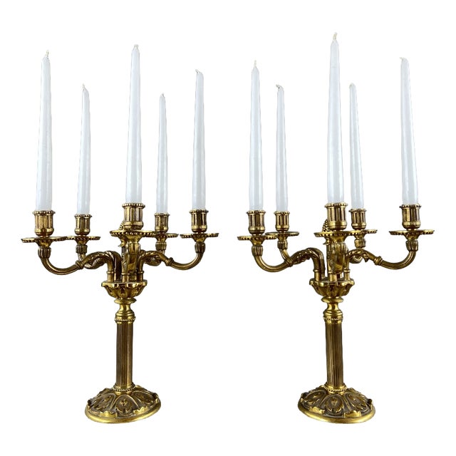20th Century Louis XVI Five-Light Gilt Bronze Candelabra, Set of 2 For Sale