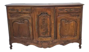 Antique Carved Walnut French Louis XV Buffet Sideboard Server Cabinet With Music Motif