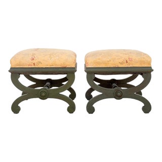 Victorian Upholstered Painted Wood Stools, Pair For Sale