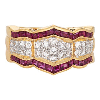 80s Diamond Ruby Ring Sz 6.5 Wide Band Vintage 18k Yellow Gold Fine Jewelry For Sale