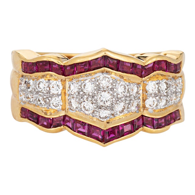 80s Diamond Ruby Ring Sz 6.5 Wide Band Vintage 18k Yellow Gold Fine Jewelry For Sale