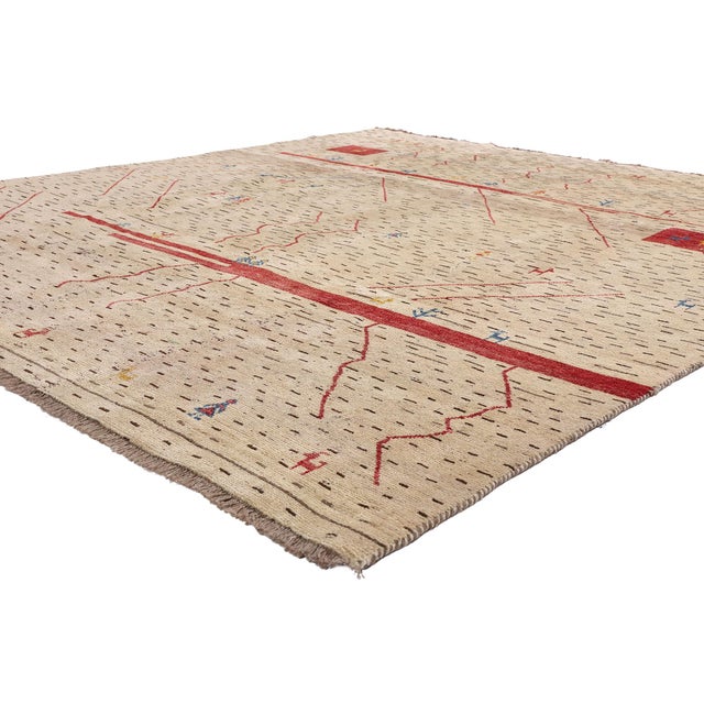 61487 Vintage Persian Gabbeh Rug, 08'01 x 09'02. Minimalist Desert Script: A Vintage Persian Gabbeh Masterpiece of Tribal...